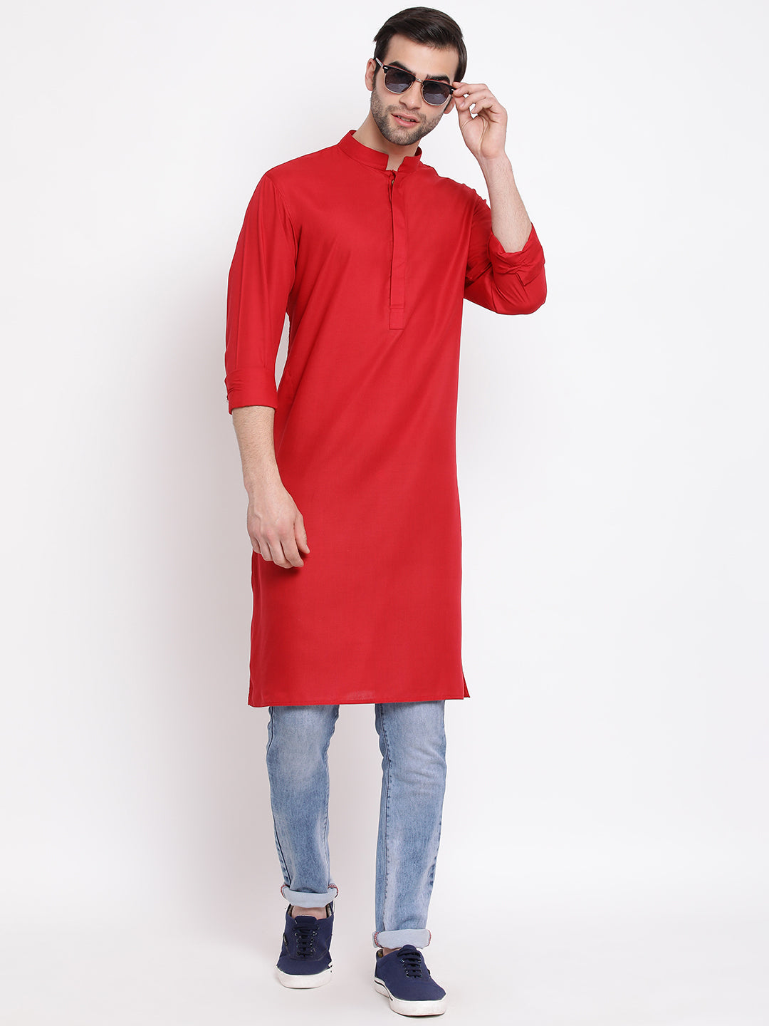 Men's Maroon Cotton Blend Kurta