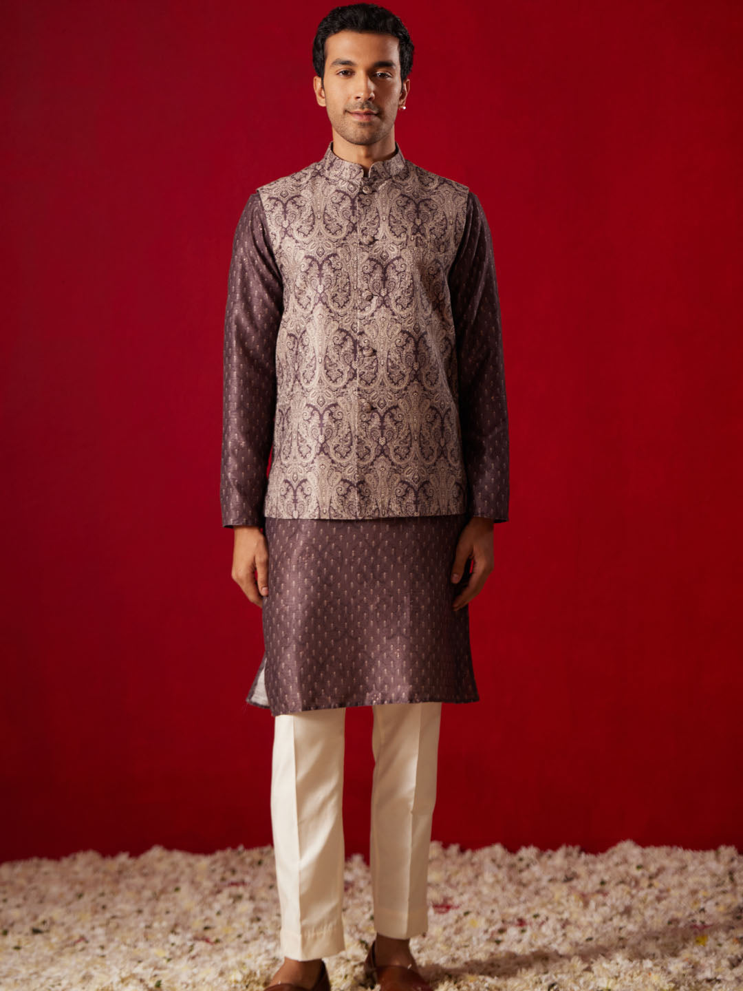 Men's Wine Cotton Silk Jacket, Kurta and Pyjama Set