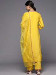 Women Yellow Embroidered Straight Kurta Paired With Tonal Bottom And Dupatta.