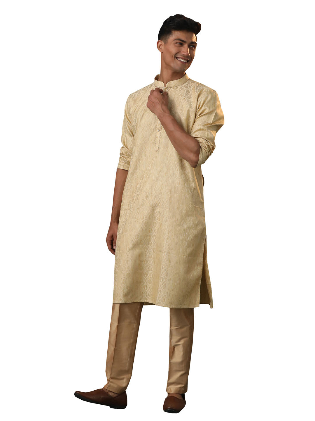 Men's Gold And Rose Gold Silk Blend Kurta Pyjama Set