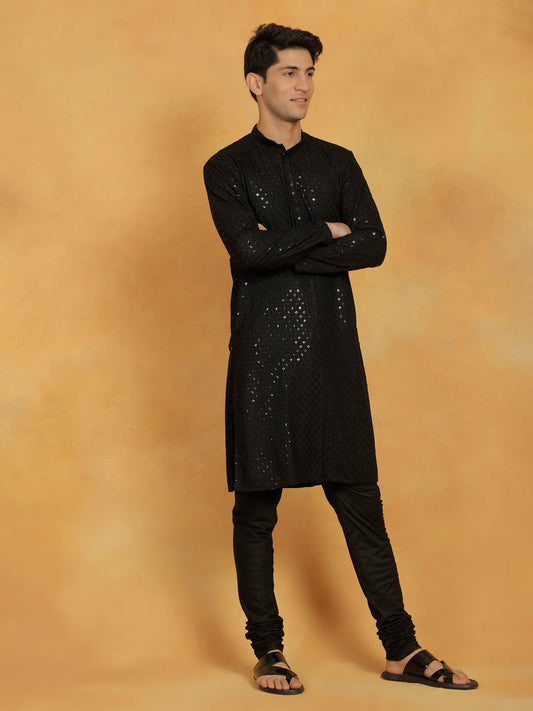 Men's Black Cotton Blend Kurta And Pyjama Set