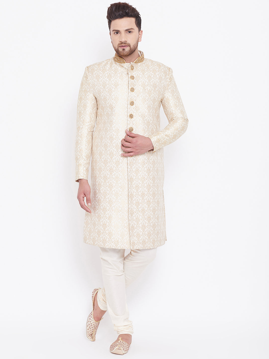 Men's Beige And Gold Silk Blend Sherwani Set