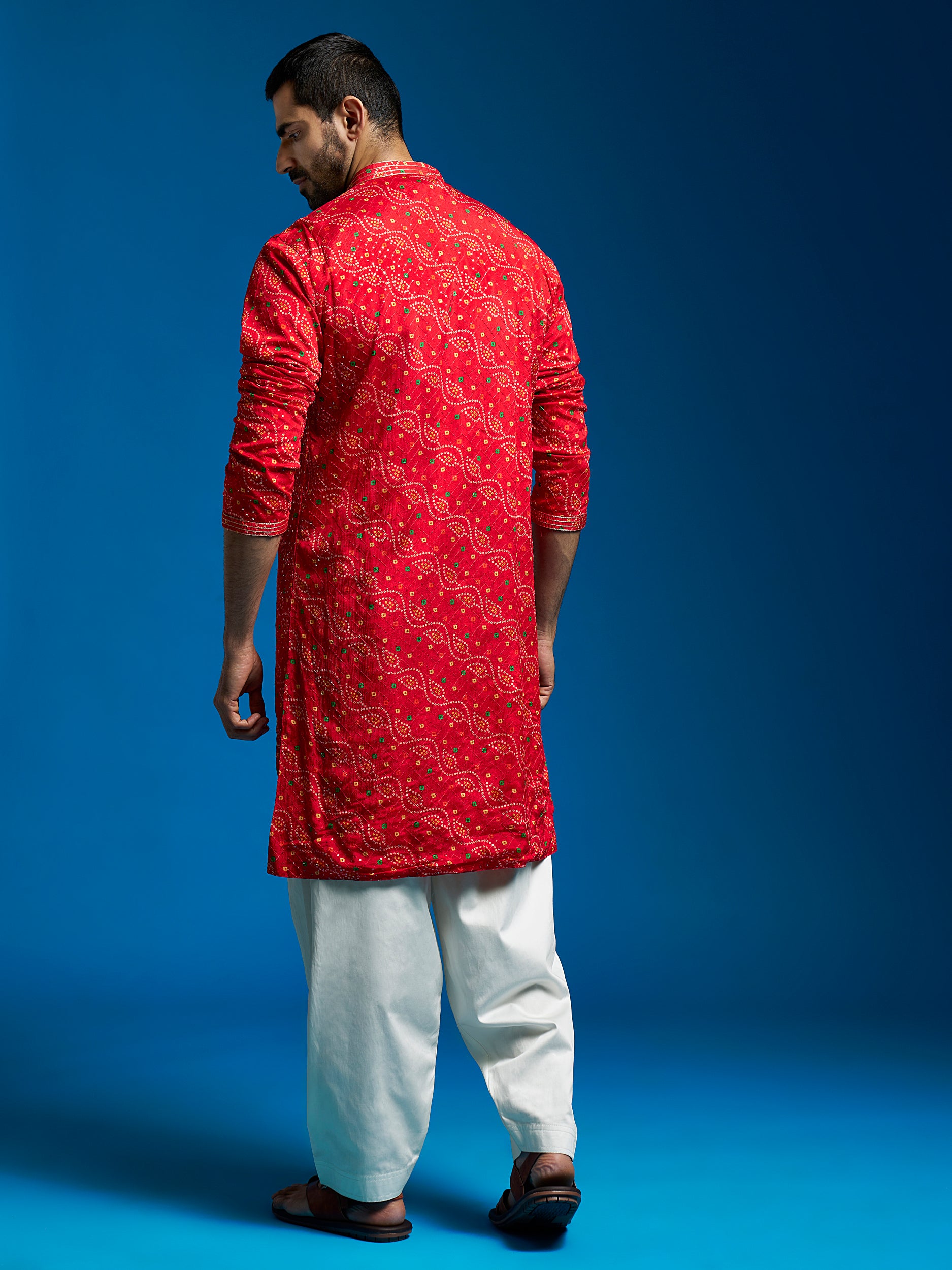 Men's Red And Cream Chinon Kurta And Patiala Set.