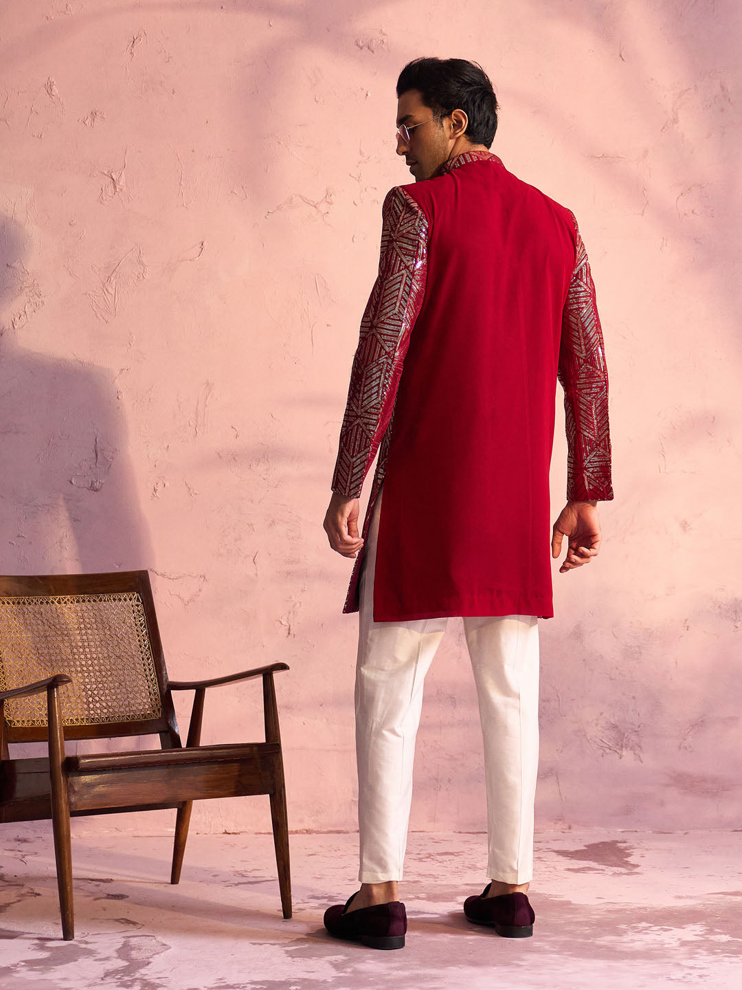 Men's Maroon And Cream Georgette Sherwani Set