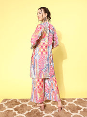 Women Multi Colour Abstract Printed Angrakha Style Kurta Paired With Tonal Printed Bottom