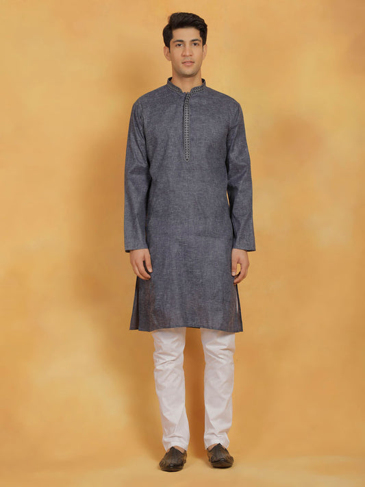 Men's Navy Blue And White Cotton Kurta Pyjama Set