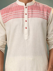 Men's Cream And Red Cotton Kurta