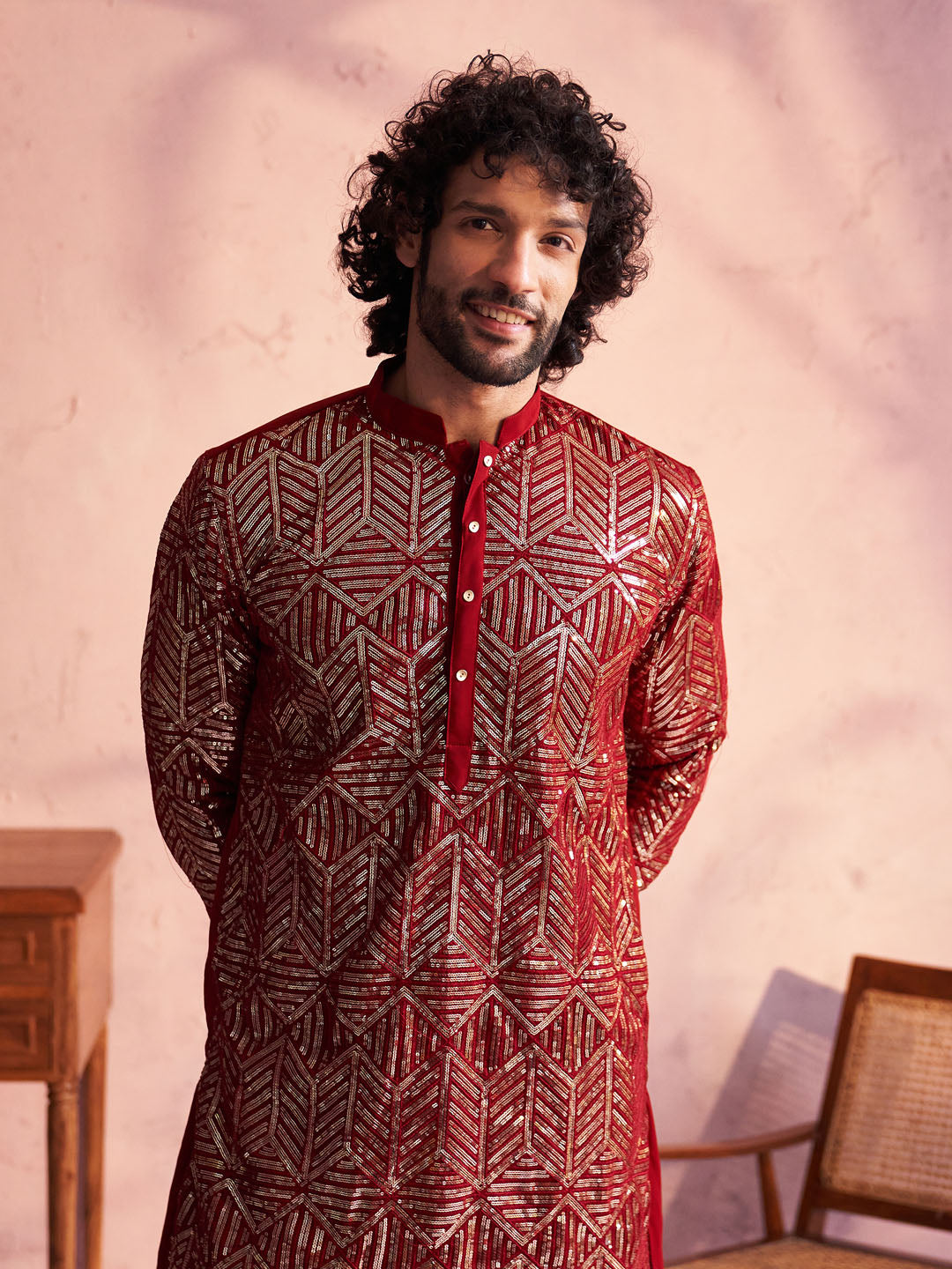 Men's Maroon Georgette Kurta