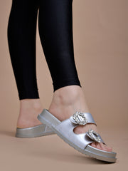 Shoetopia Embellished Silver Flats For Women