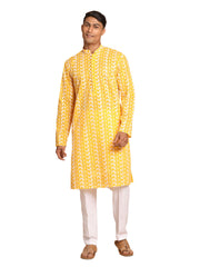 Men's Orange And White Pure Cotton Kurta Pyjama Set