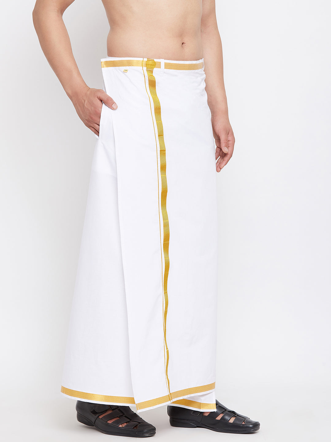 Men's White And Gold Dhoti/Mundu/Vesty