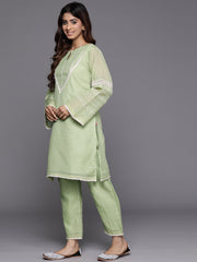 Women Green Kota Check Cotton Lace Short Kurta With Bottom