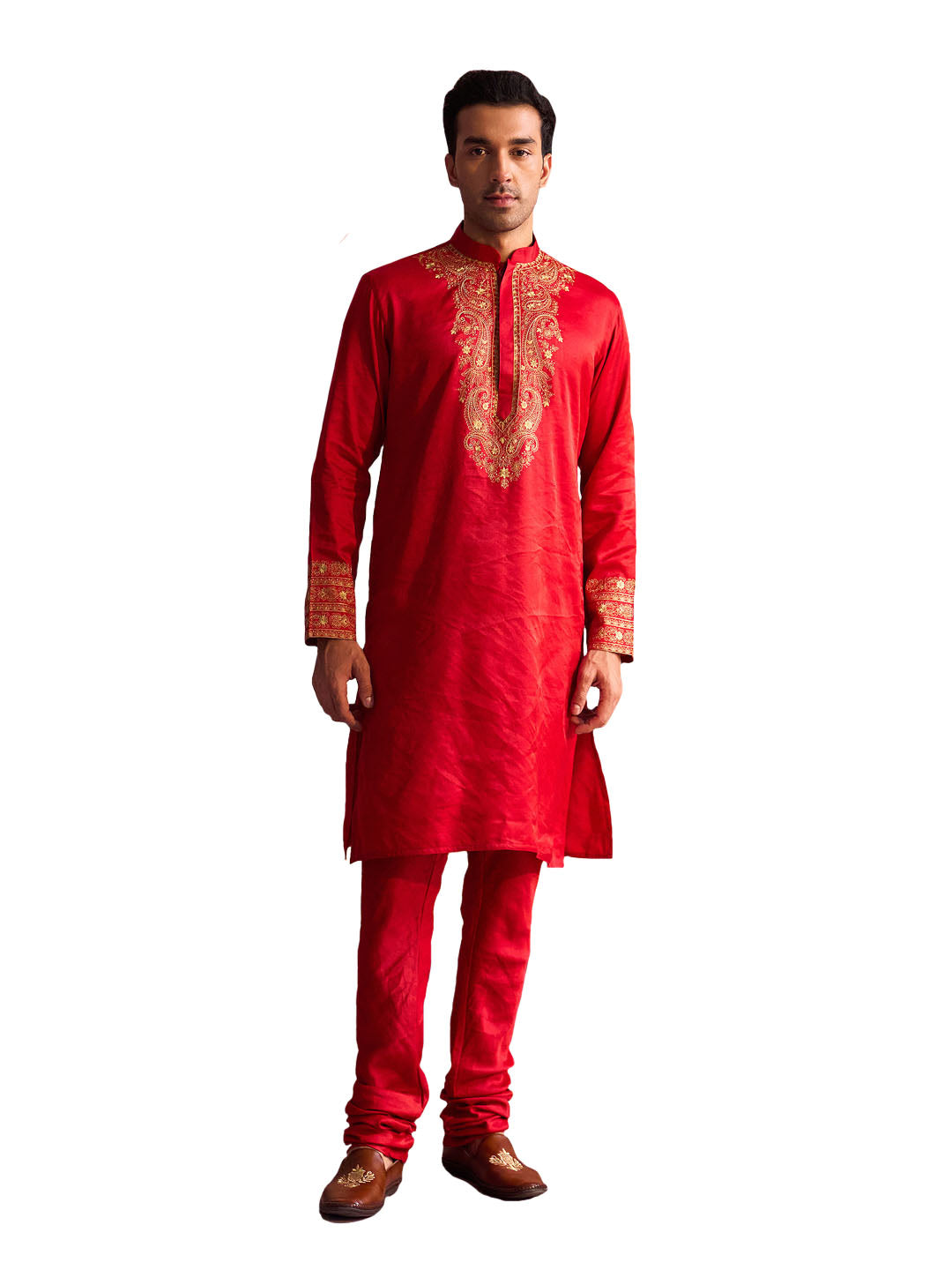 Men's Red And Cream Moonga Silk Kurta Pyjama Set