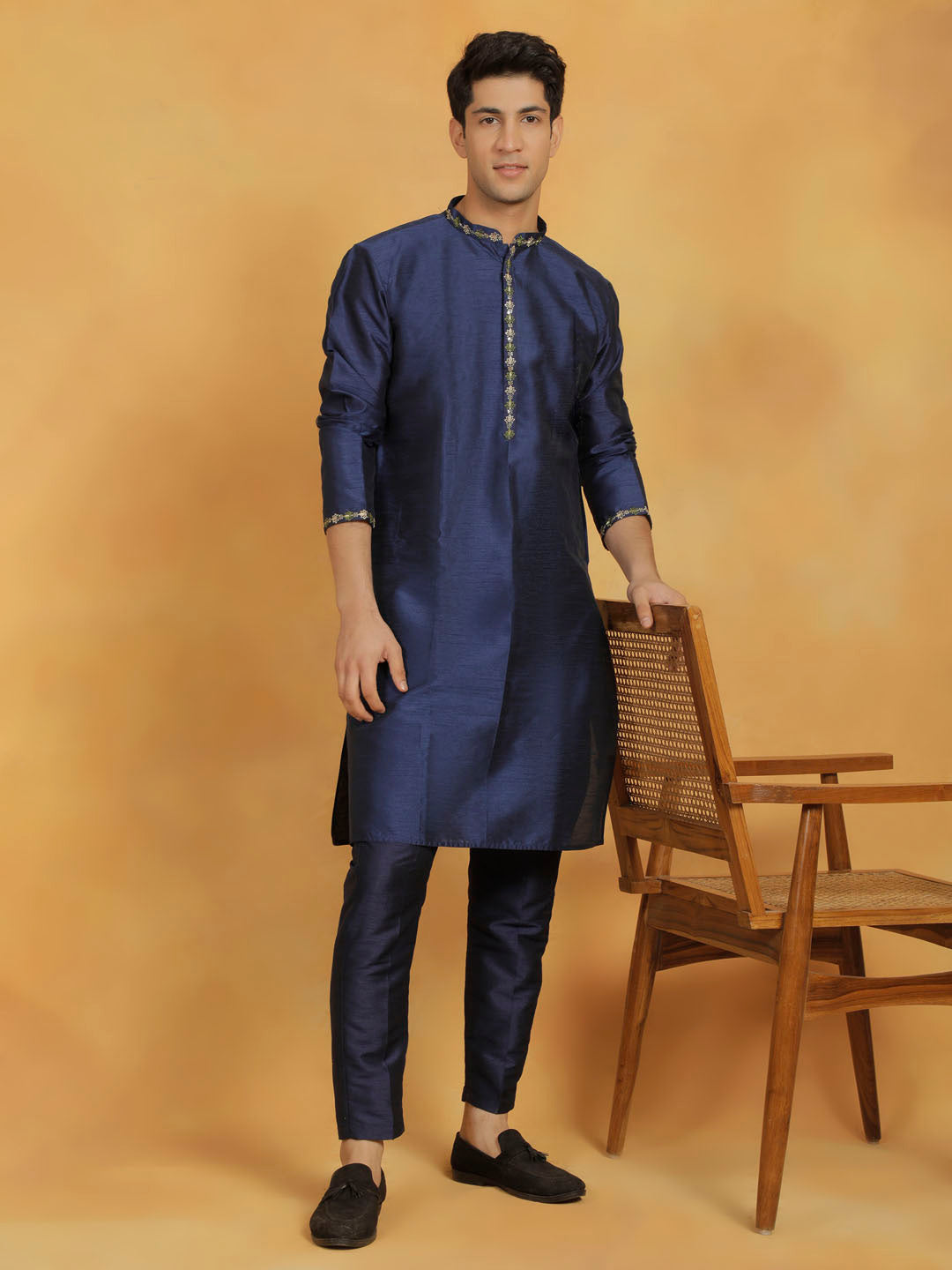 Men's Navy Blue Dupion Silk Kurta Pyjama Set