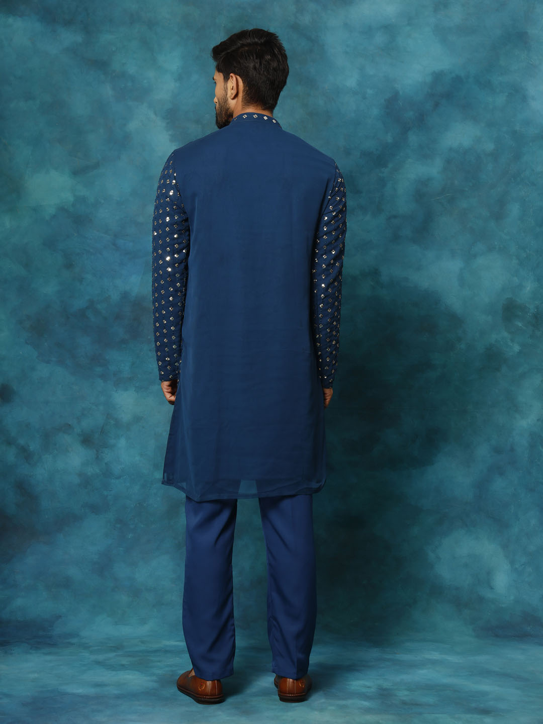 Men's Navy Blue Georgette Kurta Pyjama Set