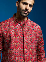 Men's Red Chinon Jacket,Kurta And Pyjama Set.