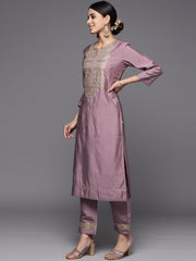 women Mauve Embroidered Kurta Set With Dupatta