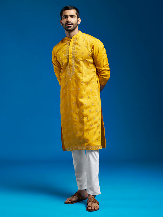 Men's Yellow Chanderi Kurta And Pyjama Set