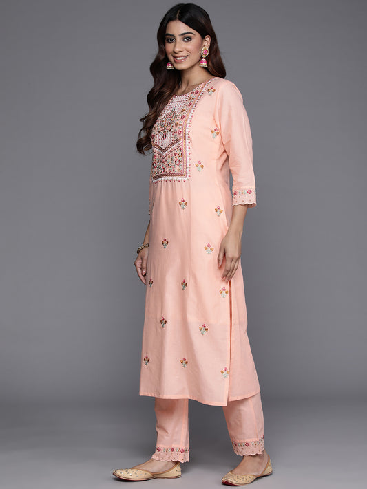 Women Peach Thread And Sequins  Embroidered Kurta With Tonal Bottom And Dupatta