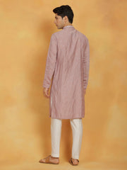 Men's Pink And White Silk Blend Kurta And Pyjama Set