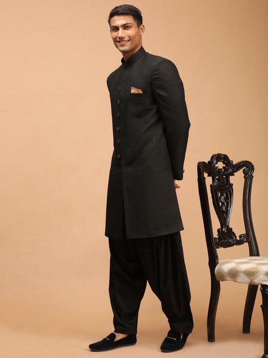 Men's Black Silk Blend Sherwani Set