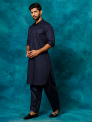 Men's Blue Cotton Blend Pathani Kurta Set