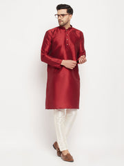 Men's Maroon And Cream Silk Blend Kurta Pyjama Set