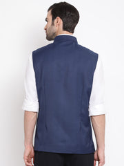 Men's Navy Blue Cotton Silk Nehru Jacket