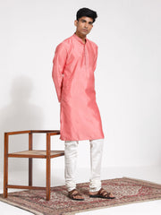 Men's Pink And Cream Silk Blend Kurta Pyjama Set