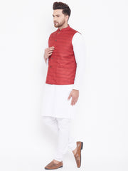 Men's Maroon And White Cotton Blend Jacket, Kurta and Pyjama Set