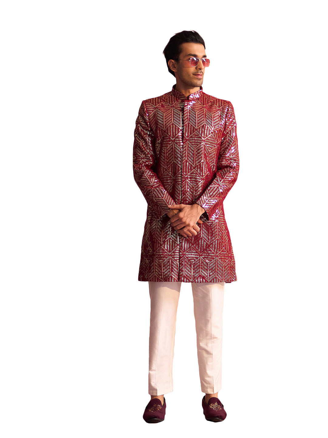 Men's Maroon And Cream Georgette Sherwani Set