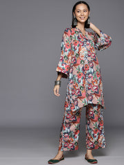 Women Beige Floral Printed Tunic Paired With Tonal Bottom