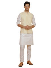 Men's White And Yellow Cotton Silk Jacket, Kurta and Pyjama Set