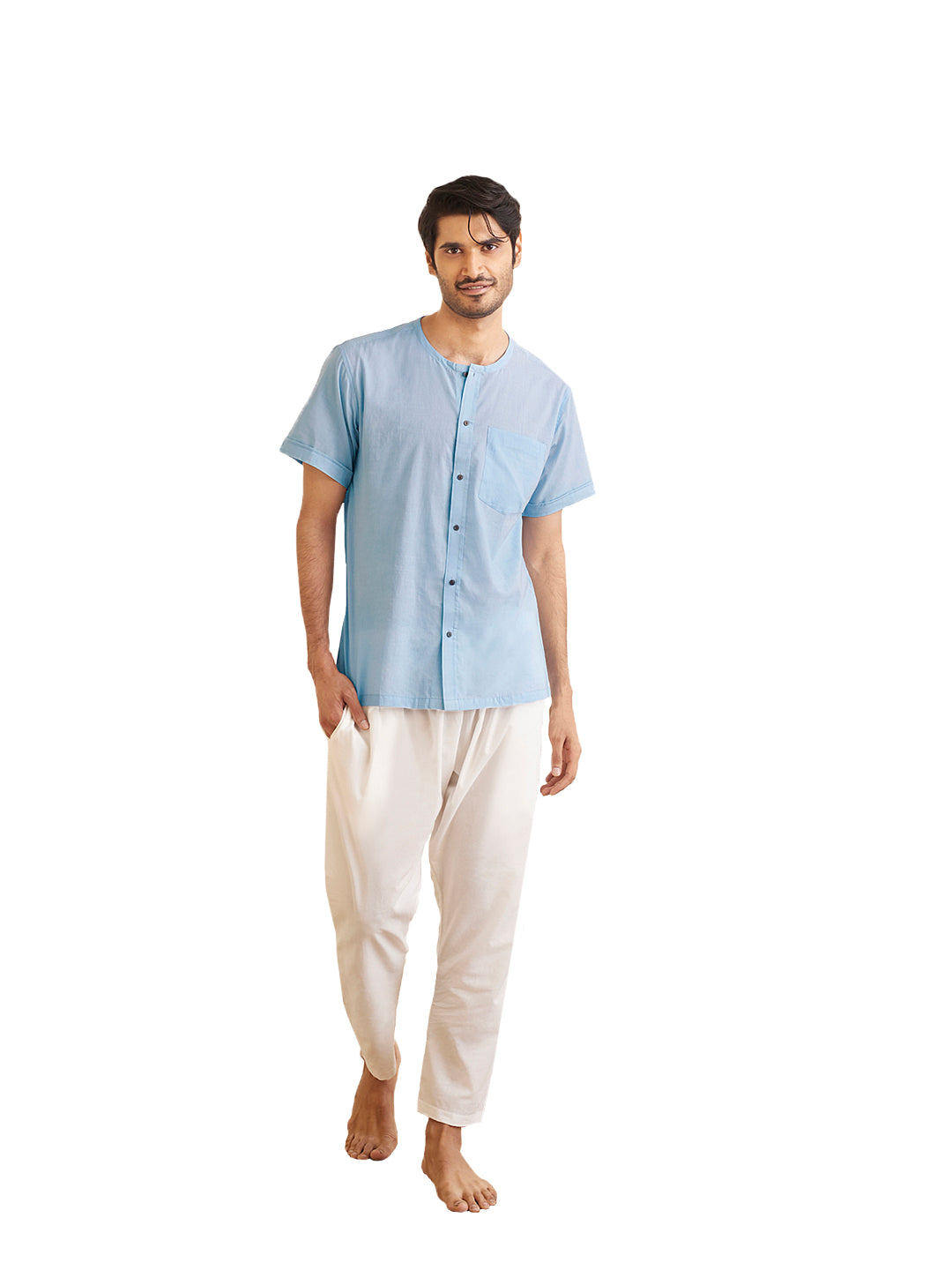 Men's Aqua And White Cotton Kurta Pyjama Set