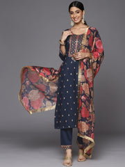 Blue embroidered kurta with tonal bottom and printed dupatta