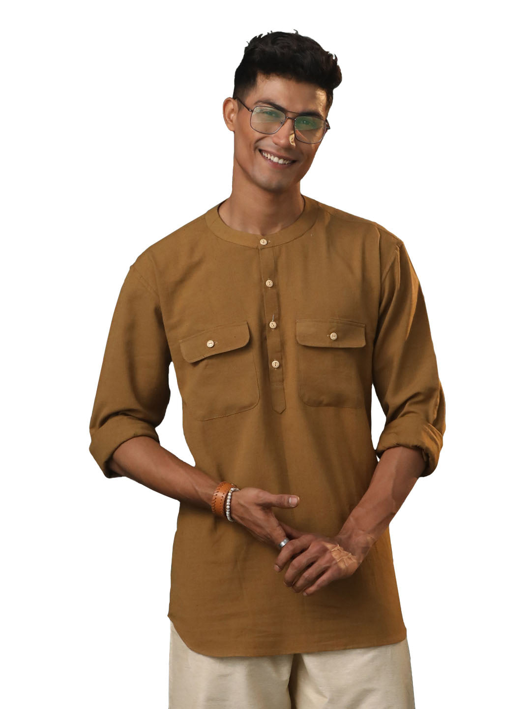 Men's Beige Cotton Short Kurta