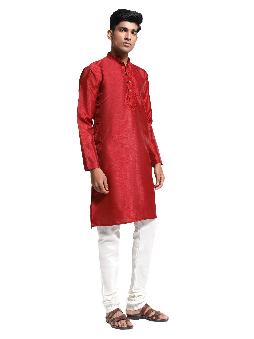 Men's Maroon And Cream Dupion Silk Kurta Pyjama Set