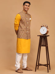 Men's Mustard, Green And White Cotton Blend Jacket, Kurta and Pyjama Set