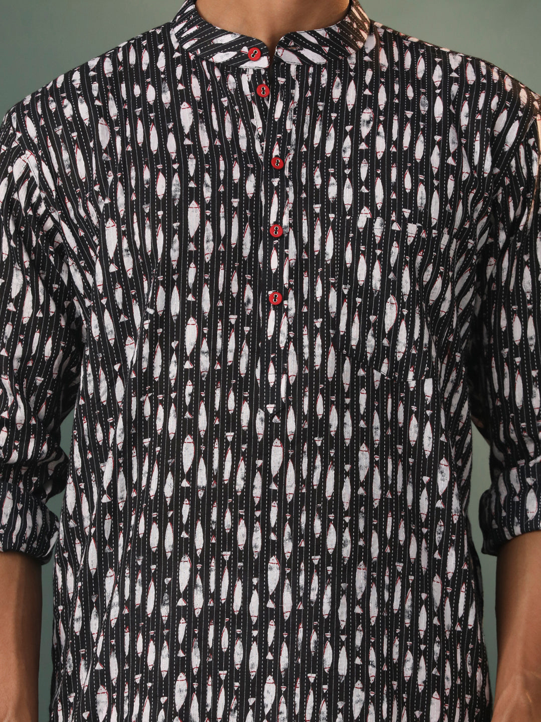 Men's Black And White Cotton Kurta Pyjama Set