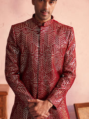 Men's Maroon Georgette Sherwani Set