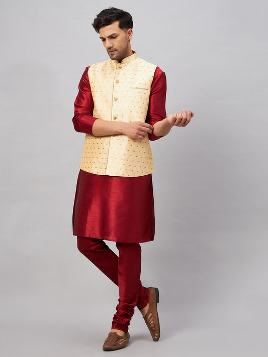 Men's Maroon And Gold Silk Blend Jacket, Kurta and Pyjama Set