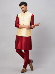 Men's Maroon And Gold Silk Blend Jacket, Kurta and Pyjama Set