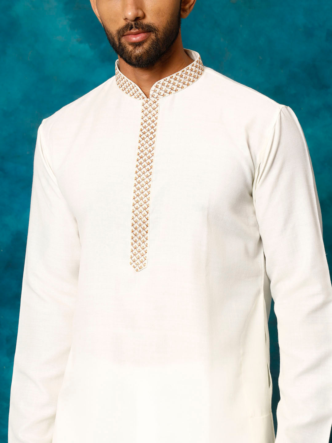 Men's Cream And White Cotton Blend Kurta Pyjama Set