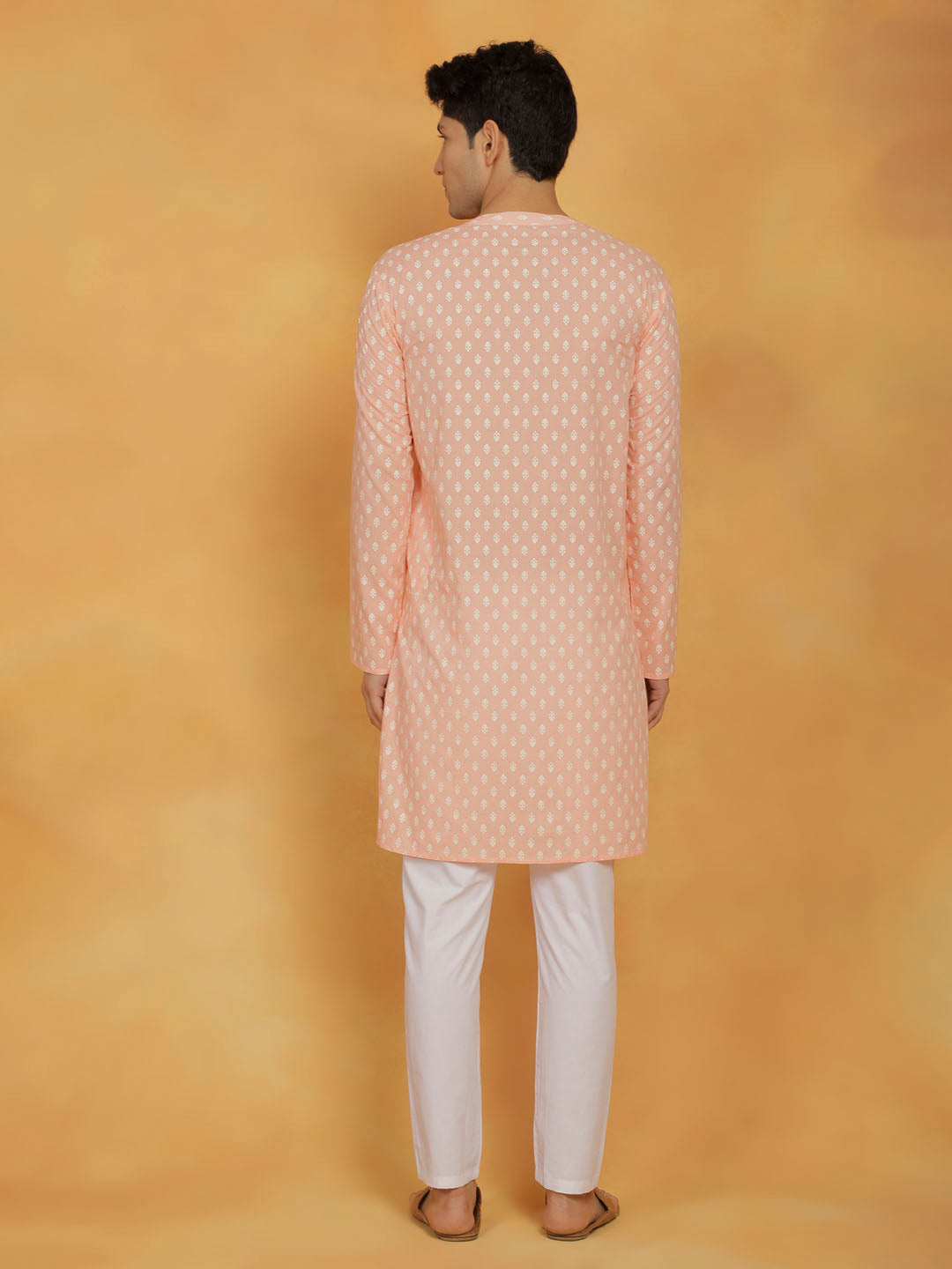 Men's Peach And White Cotton Kurta and Pyjama Set