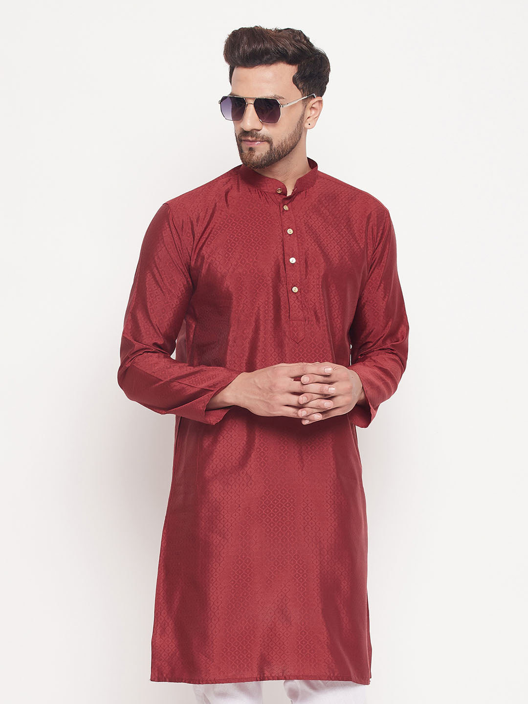 Men Maroon Silk Blend Kurta