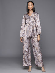 Women Grey Floral Printed Top Paired With Tonal Printed Bottom