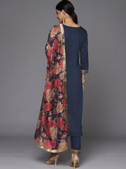 Blue embroidered kurta with tonal bottom and printed dupatta