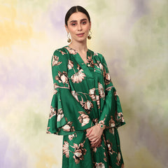 Floral Printed Flared V Neck Kurta Green