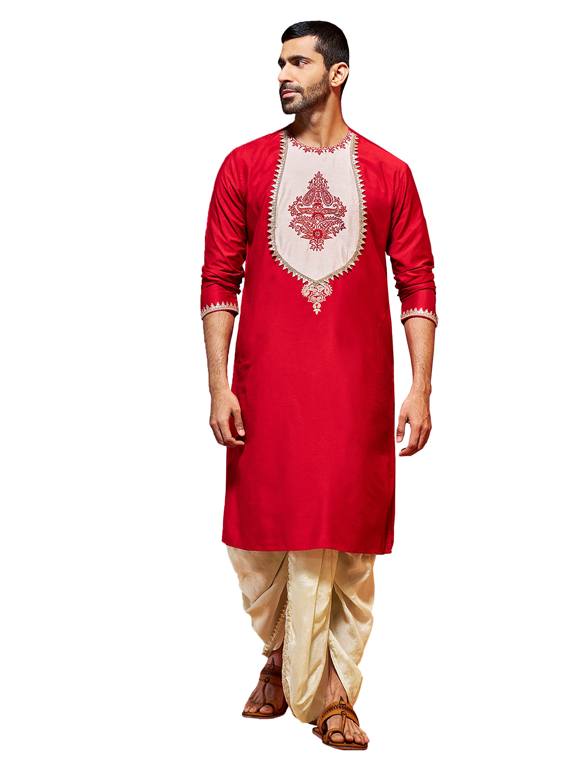 Men's Red Viscose Kurta And Dhoti Set