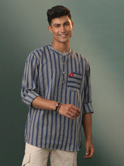 Men's Blue Cotton Short Kurta